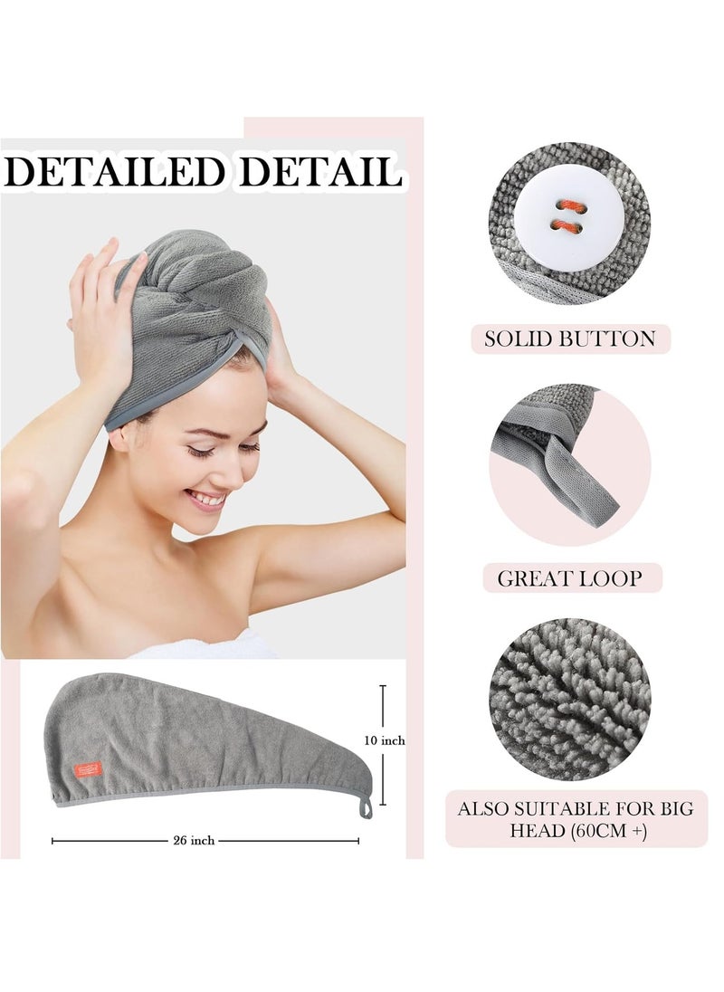 YoulerTex Ultra Plush Microfiber Hair Towel Wrap for Women, 2 Pack 10 inch X 26inch Purple, Ultra Absorbent Twist Hair Turban Drying Cap Hair Wrap, for Drying Curly, Long & Thick Hair (Gray)