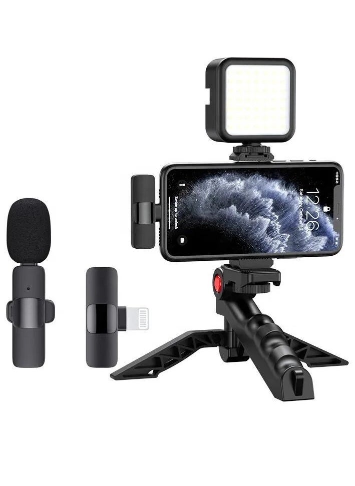 Professional Vlogging Kit – Remote Control, Foldable Tripod, LED Lamp, & Wireless Lavalier Microphone for iPhone