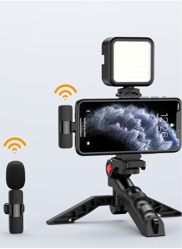 Professional Vlogging Kit – Remote Control, Foldable Tripod, LED Lamp, & Wireless Lavalier Microphone for iPhone