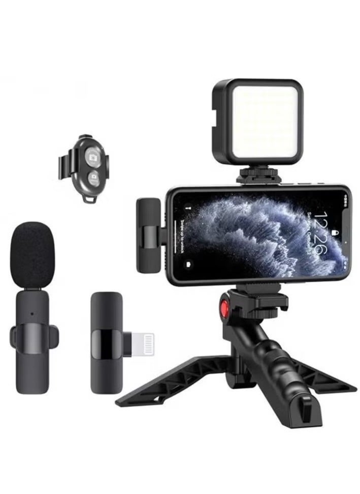 Professional Vlogging Kit – Remote Control, Foldable Tripod, LED Lamp, & Wireless Lavalier Microphone for iPhone