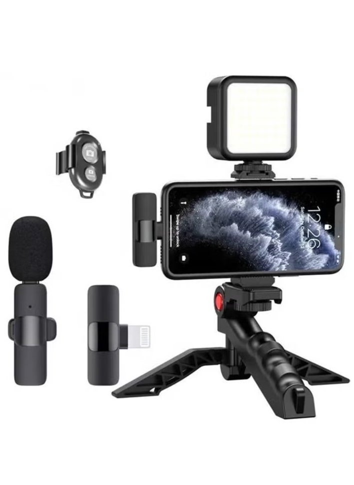 Professional Vlogging Kit – Remote Control, Foldable Tripod, LED Lamp, & Wireless Lavalier Microphone for iPhone