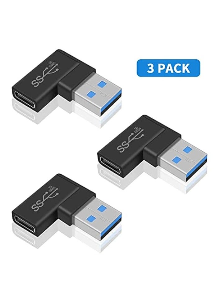 3 Pack Right Angle USB C to USB Adapter, 10 Gbps 90 Degree USB C Female to USB Male Adapter, USB 3.1 Gen2 Type C USB-C to USB 3.0 Adapter for USB C Cable, Laptops, Phone, Tablet (Black)