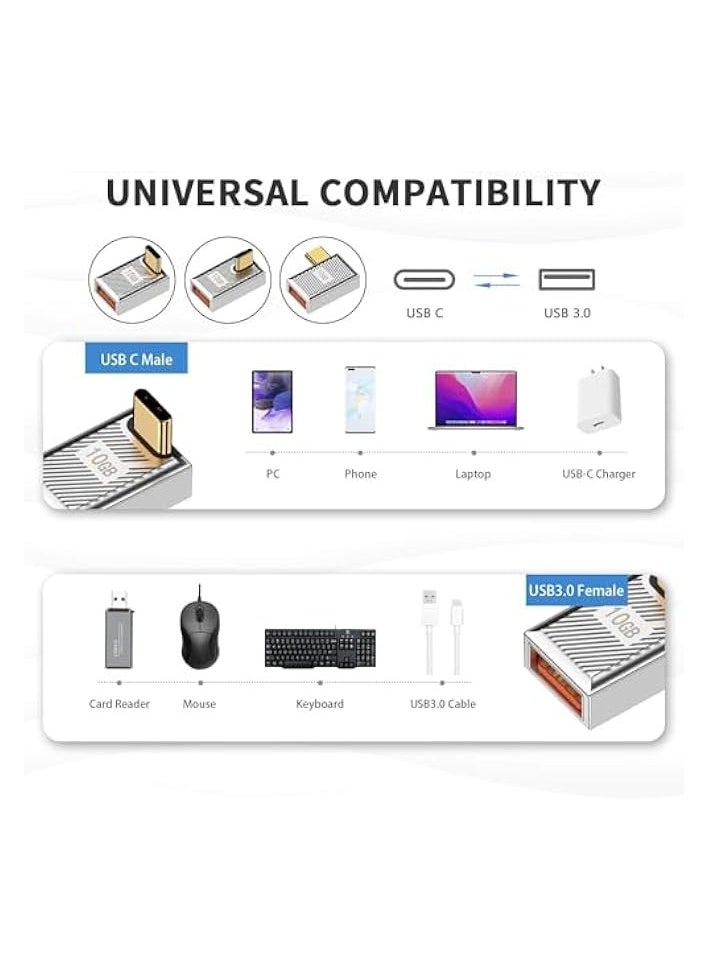 90 Degree USB C to USB A Adapter 10Gbps, USB C Male to USB C Female Right Angle Connector Extender, for MacBook, iMac, iPad, Meta Quest, Tablet, Phones and More (3 Pack)