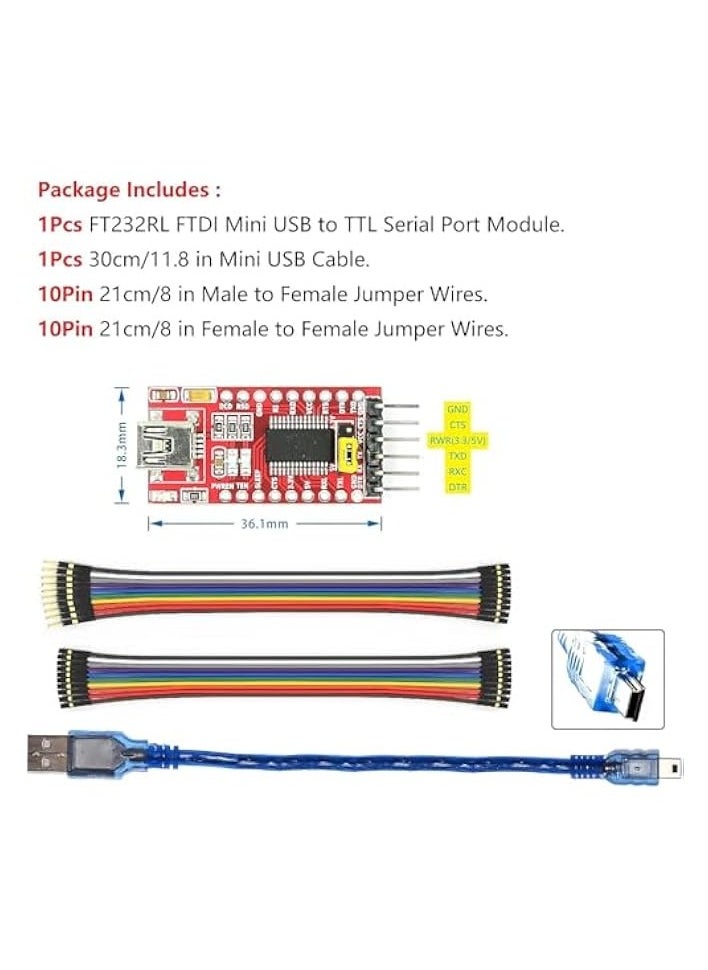 Mini USB to TTL Serial Converter Adapter, 3.3V/5.5V, FTDI Breakout Board for Arduino