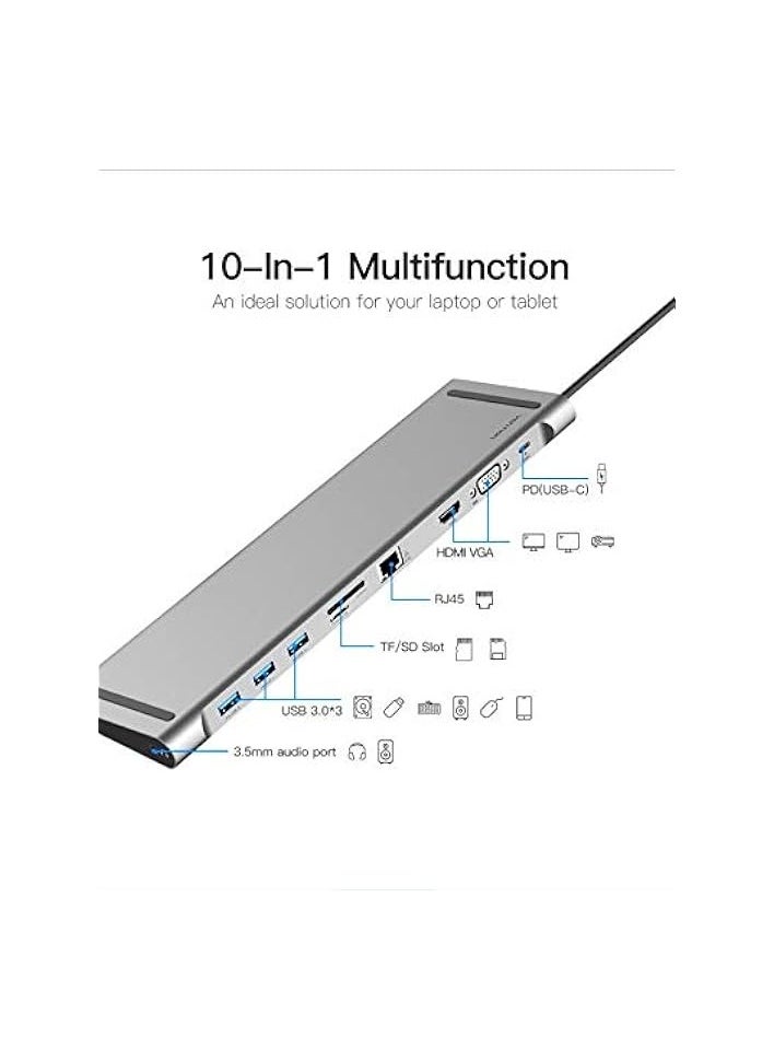 USB C Hub, USB-C Adapter for MacBook, Laptop, Galaxy S20+,iPad Pro, and More Type C Devices (10 in 1 - THOHAH)