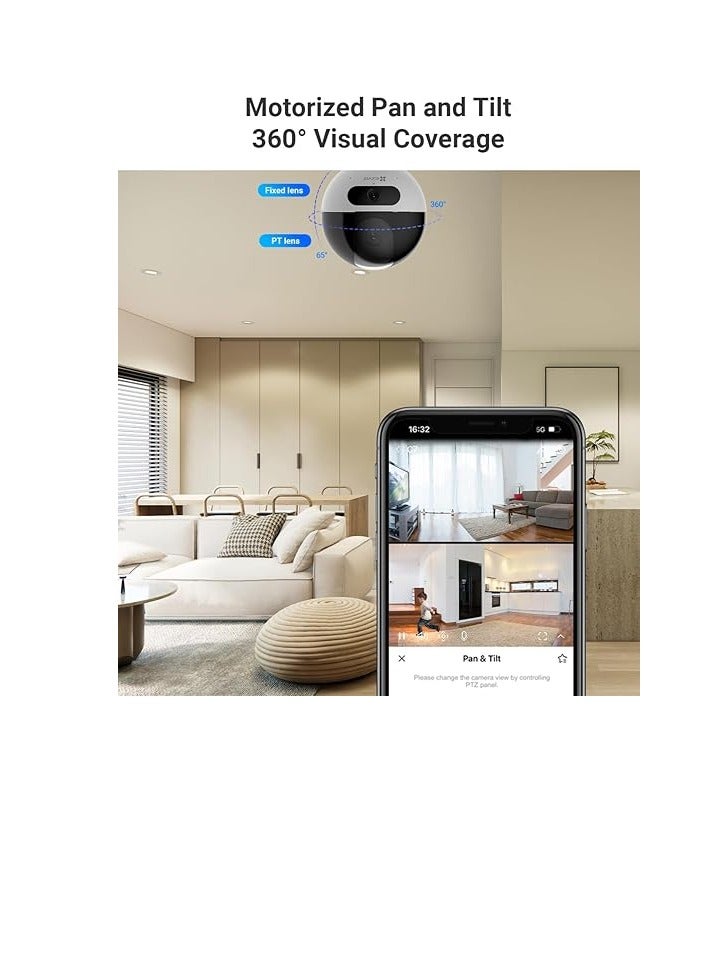 C7 Dual-Lens 2K+ Pan & Tilt Wi-Fi Camera, 2560x1440 Resolution, AI-Powered Human & Pet Detection, 2.8mm Fixed & 6mm PT Lenses (108° & 60° View Angles), 10m IR Night Vision, H.265 Video Compression, Dual-Band Wi-Fi, Smart Motion Detection, Patrol Mode, MicroSD Support (Up to 512GB), EZVIZ Cloud Storage, Type-C Power, IP65 Weatherproof, Google Assistant & Alexa Integration, Bluetooth Pairing, Easy Setup with EZVIZ App