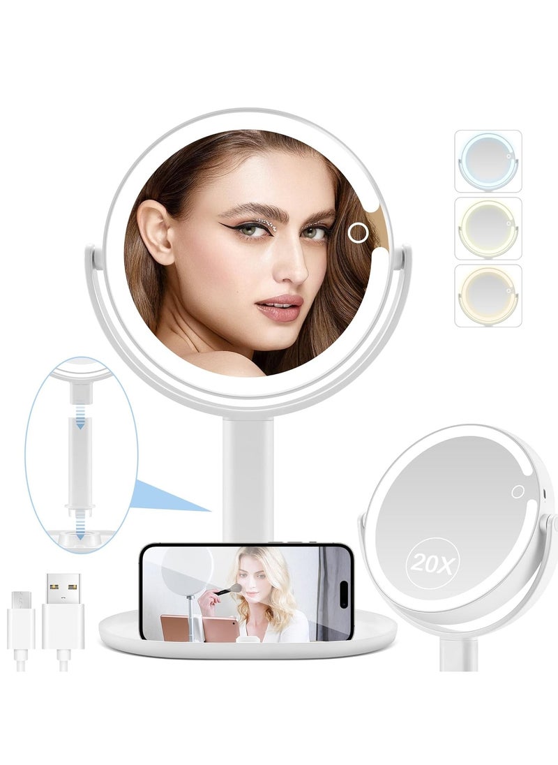 Lighted Makeup Mirror, 20X Magnifying Mirror with Light and Adjustable Brightness, Vanity Mirror with 3 Color Light, 2-Sided Tabletop Mirror, Detachable Travel Makeup Mirror with Light 8.8 In