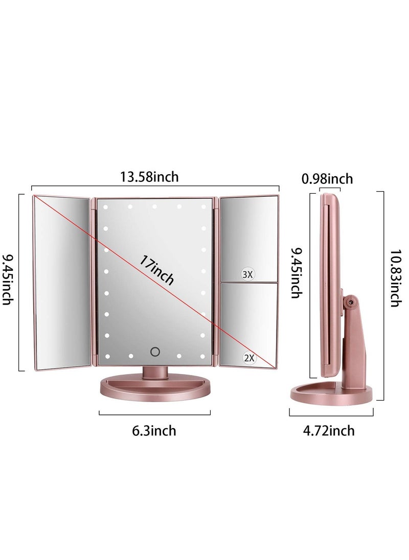 deweisn Dresser Mount Tri-Fold Lighted Vanity Mirror with 21 LED Lights, Touch Screen and 3X/2X/1X Magnification, Two Power Supply Modes Make Up Mirror,Travel Mirror