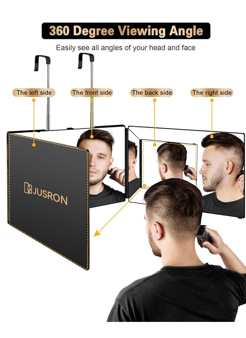 JUSRON 3 Way Mirror for Self Hair Cutting 360 Viewing Angle Self Hair Cutting Mirror, Clear Anti-Fog HD Glass (Black Without LED, Without Accessories)