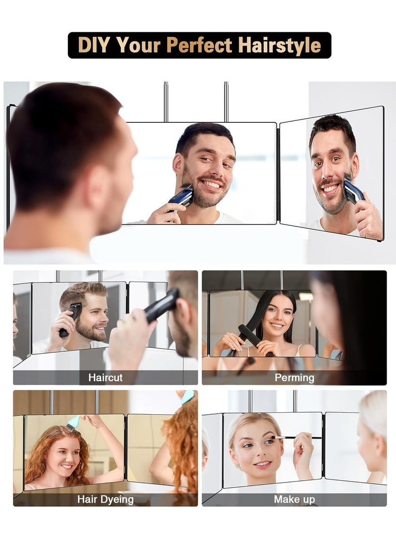 JUSRON 3 Way Mirror for Self Hair Cutting 360 Viewing Angle Self Hair Cutting Mirror, Clear Anti-Fog HD Glass (Black Without LED, Without Accessories)