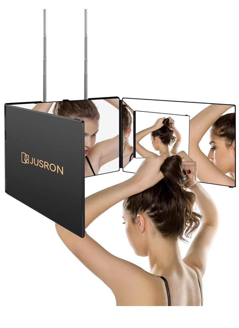 JUSRON 3 Way Mirror for Self Hair Cutting 360 Viewing Angle Self Hair Cutting Mirror, Clear Anti-Fog HD Glass (Black Without LED, Without Accessories)