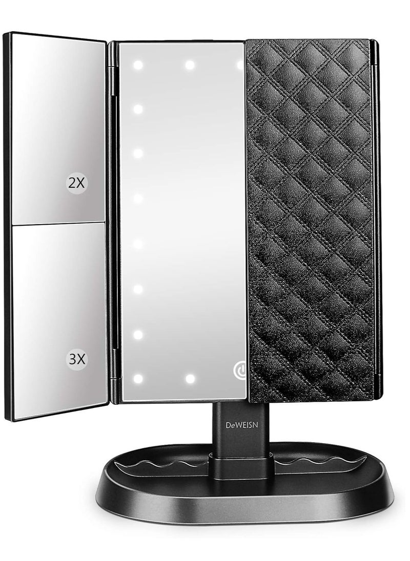 deweisn Trifold Lighted Vanity Makeup Mirror with 21 LEDs Lights,1x/2x/3x Magnification and Touch Screen Dimming,Two Power Supplies Makeup Mirror, Gift for Women