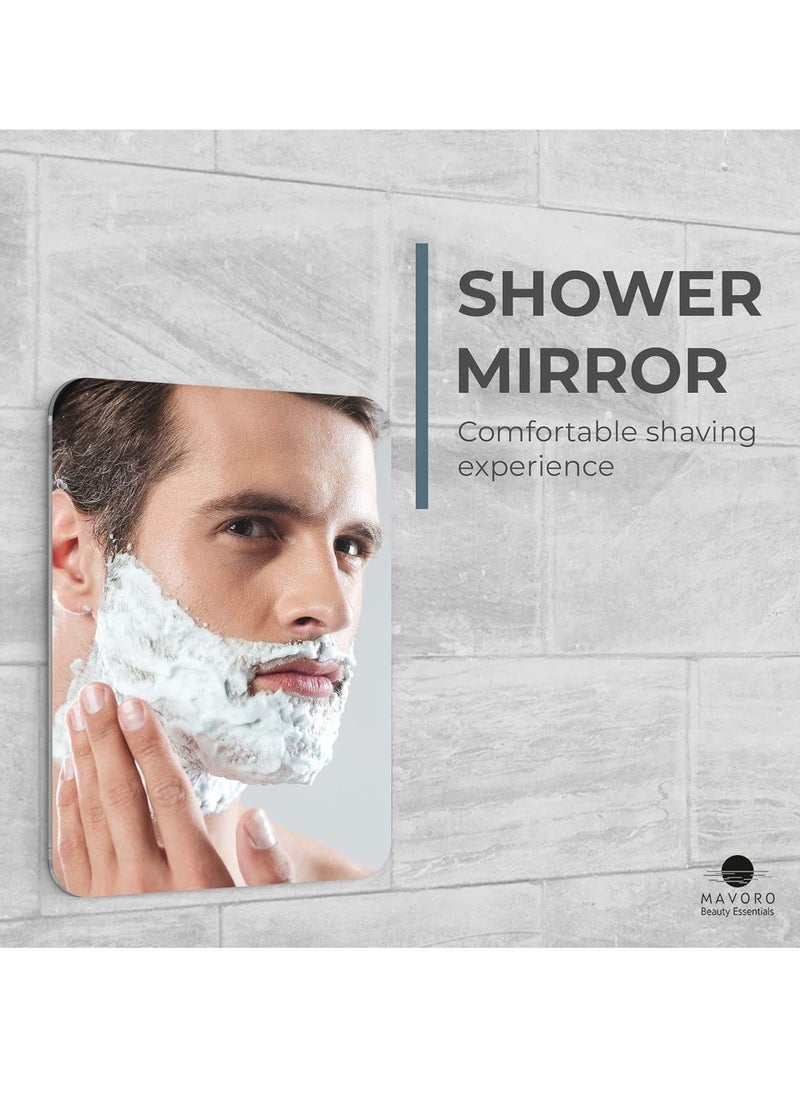 Mavoro Shaving Mirror for Shower - 3M Adhesive Shower Mirror. 7x9in Acrylic Mirror - Unbreakable Mirror with Less Fogging. Sleek Frameless Mirror. Peel and Stick Mirror, Glassless Safety Kids Mirror