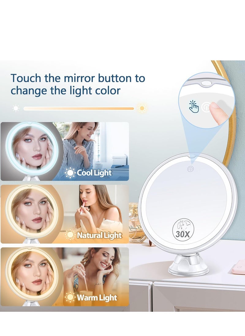 Magnifying Mirror with Light 30X, Lighted Makeup Mirror 30X for Precision Makeup, 3 Color Modes and Adjustable Brightness, 360° Swivel Magnifying Mirror Suction Cup for Bathroom Mirrors 8 Inches