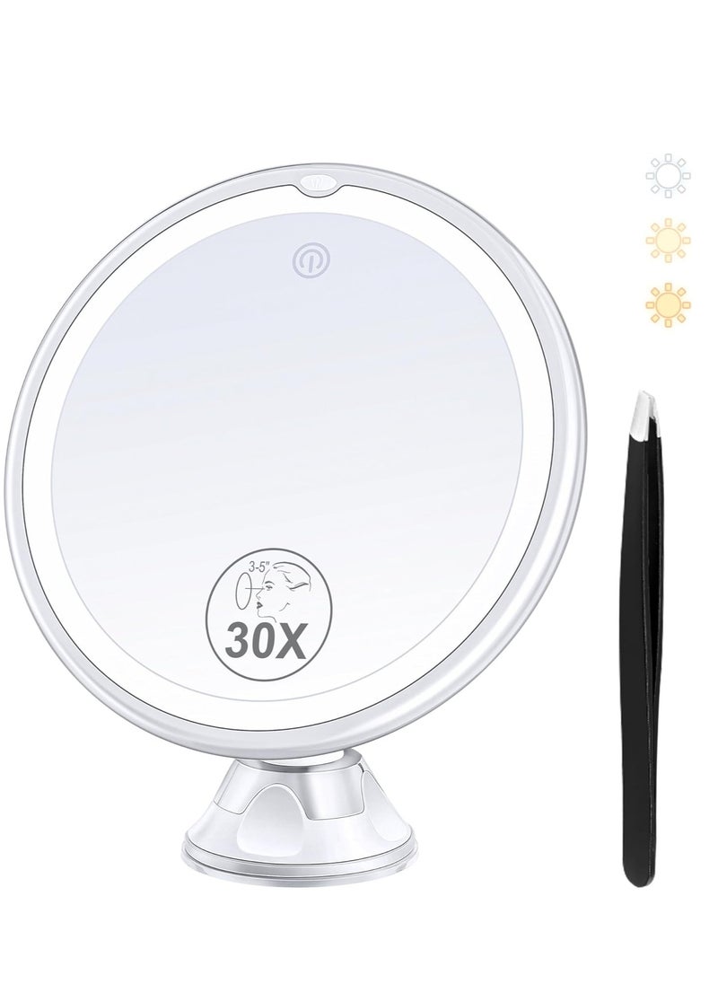 Magnifying Mirror with Light 30X, Lighted Makeup Mirror 30X for Precision Makeup, 3 Color Modes and Adjustable Brightness, 360° Swivel Magnifying Mirror Suction Cup for Bathroom Mirrors 8 Inches