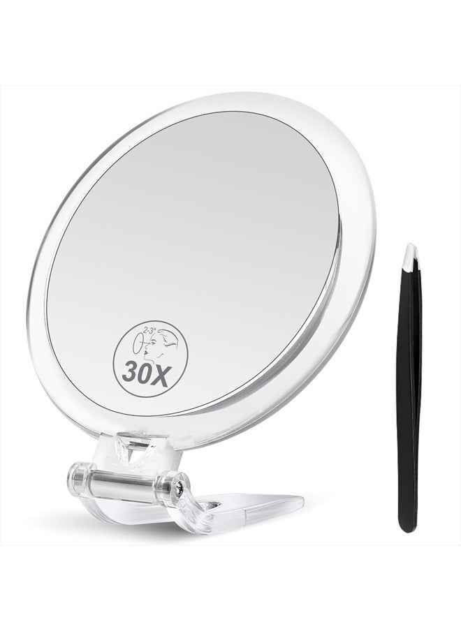 30X Magnifying Mirror, Magnifying Mirror with Stand and Tweezers, Handheld Mirror with 30X/1X Magnification, Compact Mirror for Traveling, 30X Makeup Mirror for Pluck Eyebrows