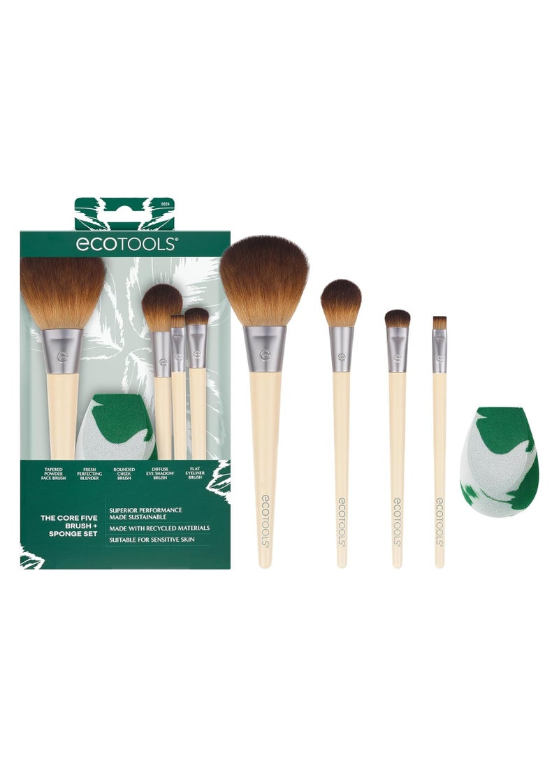 EcoTools Core Five Makeup Brush and Sponge Kit, For Eyeshadow, Blush, Bronzer, Eyeliner, & Foundation, Makeup Blending Sponge, Brush Essentials, 5 Piece Set