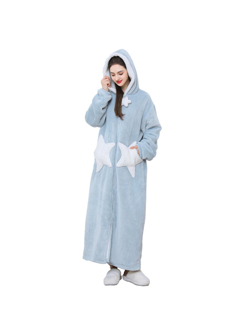 Plus size nightgown womens star nightdress coral fleece thickened pajamas mens autumn and winter long cross-border exclusive for factory wholesale Fog blue stars