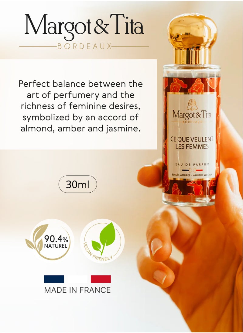 Perfume From France 30ml - Ce Que Veulent Les Femmes - Almond and Jasmine Scent with Amber - Long Lasting Fragrance for Independent Women - Luxury Perfume Gift For Women