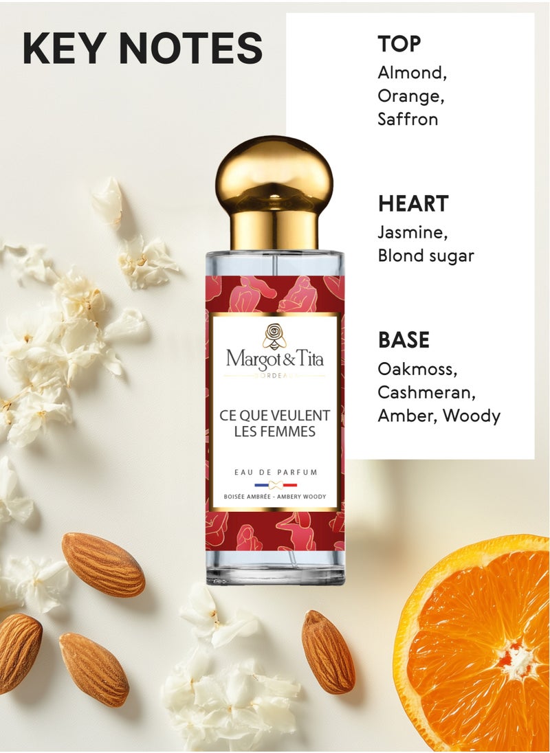 Perfume From France 30ml - Ce Que Veulent Les Femmes - Almond and Jasmine Scent with Amber - Long Lasting Fragrance for Independent Women - Luxury Perfume Gift For Women