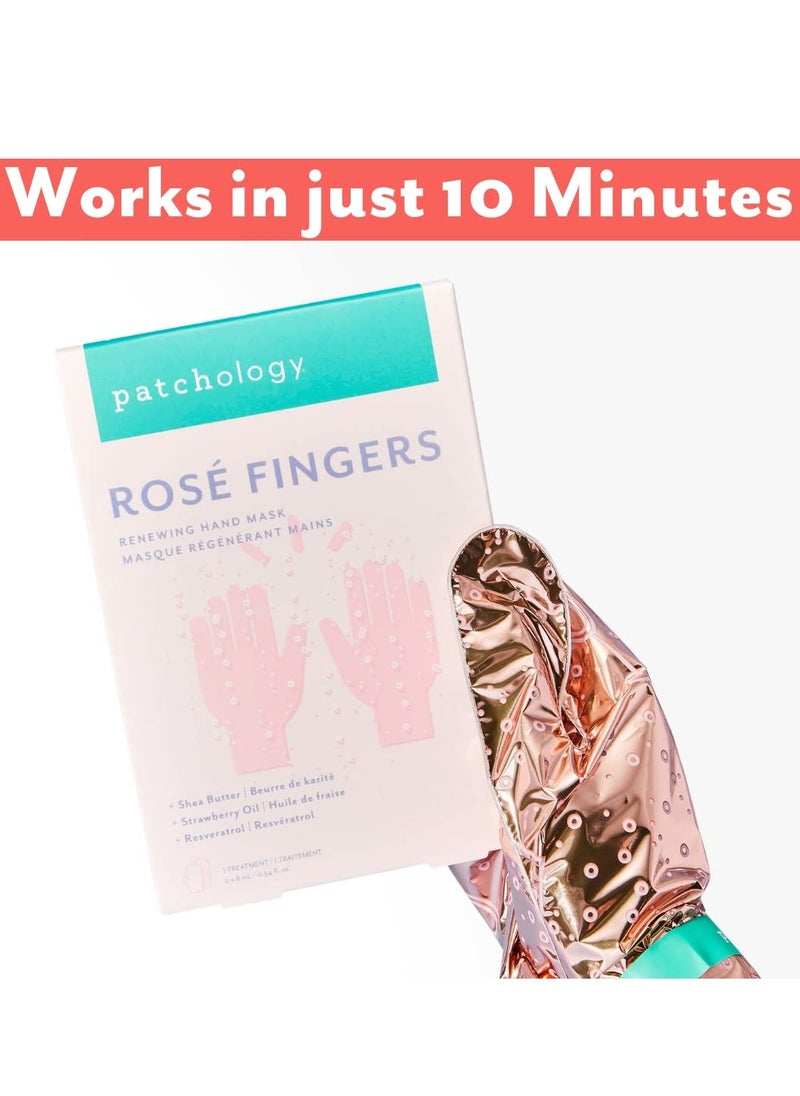 Patchology Rose Fingers Renewing Hand Mask - Strawberry Scented Moisturizing Gloves, Hand Masks for Dry & Cracked Hands, Shea Butter Repairing Hand Masks, Baby Soft Skin Care - 1 Pair