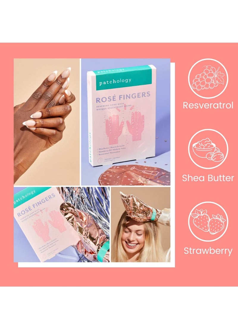 Patchology Rose Fingers Renewing Hand Mask - Strawberry Scented Moisturizing Gloves, Hand Masks for Dry & Cracked Hands, Shea Butter Repairing Hand Masks, Baby Soft Skin Care - 1 Pair