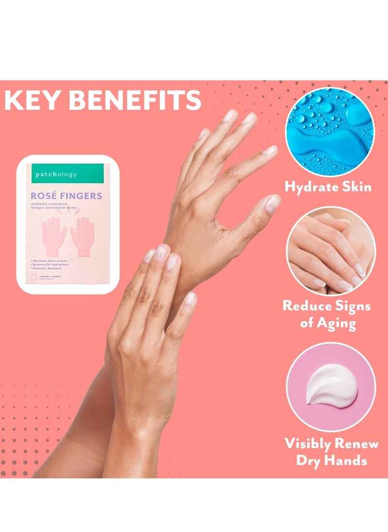Patchology Rose Fingers Renewing Hand Mask - Strawberry Scented Moisturizing Gloves, Hand Masks for Dry & Cracked Hands, Shea Butter Repairing Hand Masks, Baby Soft Skin Care - 1 Pair
