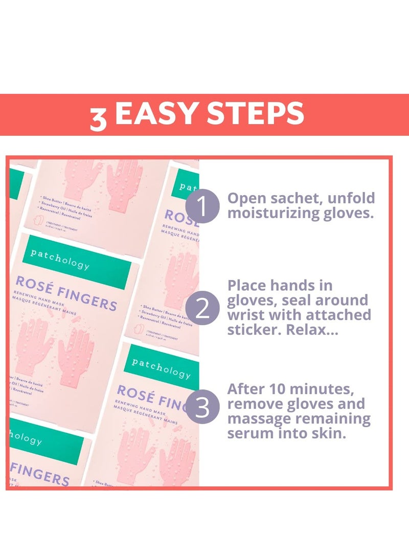 Patchology Rose Fingers Renewing Hand Mask - Strawberry Scented Moisturizing Gloves, Hand Masks for Dry & Cracked Hands, Shea Butter Repairing Hand Masks, Baby Soft Skin Care - 1 Pair