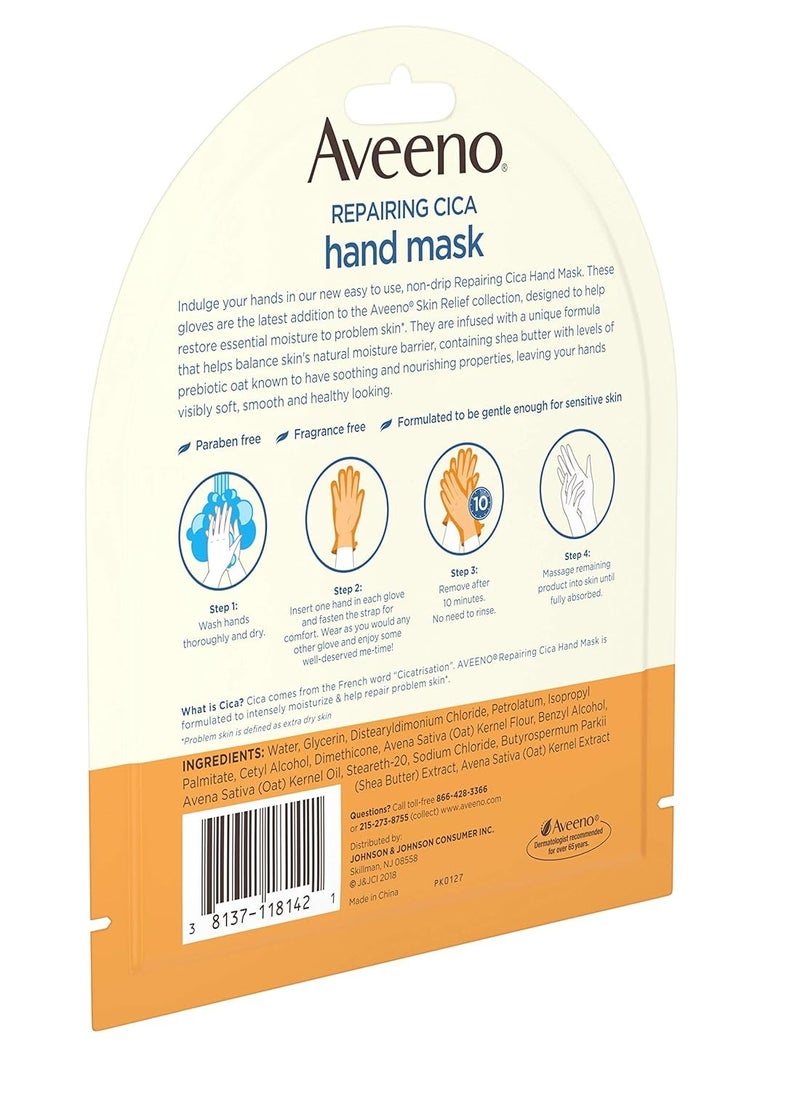 Aveeno Repairing CICA Hand Mask with Prebiotic Oat and Shea Butter for Extra Dry Skin, Paraben-Free and Fragrance-Free 1 Pair (Pack of 3)