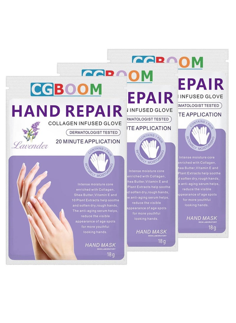 CGBOOM 3 Pairs Hand Masks Moisturizing Gloves, Hand Skin Repair Renew Mask Infused Collagen, Vitamins + Natural Plant Extracts for Dry, Aging, Cracked Hands (Lavender)