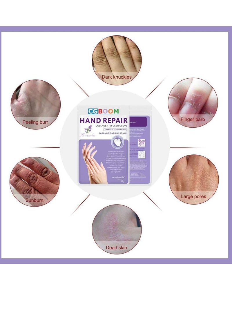 CGBOOM 3 Pairs Hand Masks Moisturizing Gloves, Hand Skin Repair Renew Mask Infused Collagen, Vitamins + Natural Plant Extracts for Dry, Aging, Cracked Hands (Lavender)