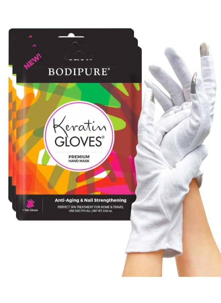 Bodipure Premium Hand Mask Keratin Gloves (3pk of Hand Mask Moisturizing Gloves) for Dry Cracked Hands Plus Touchscreen White Cotton Gloves (1pk) for Dry Hands to Fully Absorb