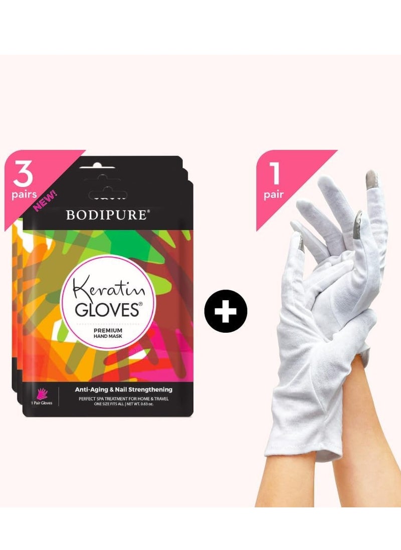 Bodipure Premium Hand Mask Keratin Gloves (3pk of Hand Mask Moisturizing Gloves) for Dry Cracked Hands Plus Touchscreen White Cotton Gloves (1pk) for Dry Hands to Fully Absorb