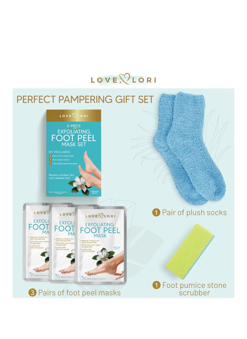 LOVE, LORI Foot Care Kit - Includes Effective Exfoliating Peeling Masks (3 Pairs), Pumice Stone & Moisturizing Socks