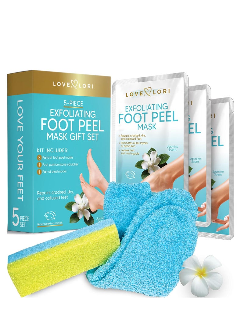 LOVE, LORI Foot Care Kit - Includes Effective Exfoliating Peeling Masks (3 Pairs), Pumice Stone & Moisturizing Socks