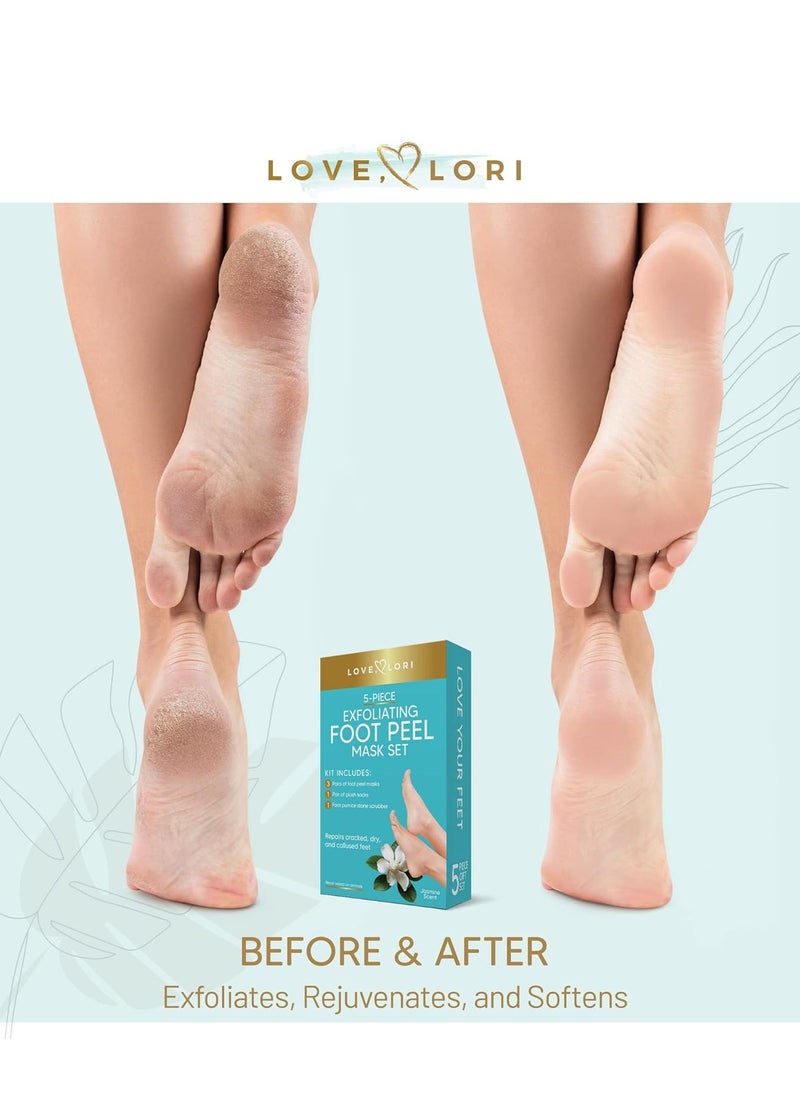 LOVE, LORI Foot Care Kit - Includes Effective Exfoliating Peeling Masks (3 Pairs), Pumice Stone & Moisturizing Socks