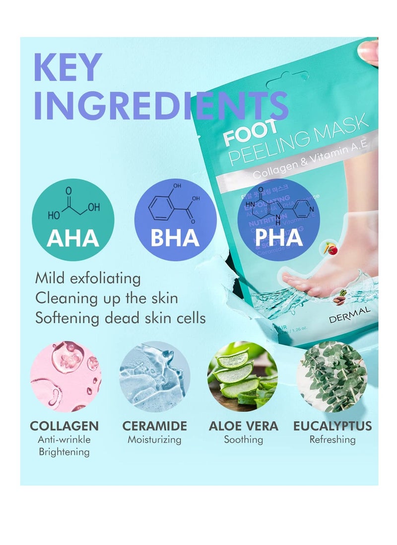 DERMAL KOREA Foot Peeling Mask 3 Pack For Dry Foot And Cracked Heel & Callus With Aloe Vera And Collagen - Exfoliating Peel Mask With Aha, Bha, & Pha And For Moisturizing, Soothing & Refreshing Feet