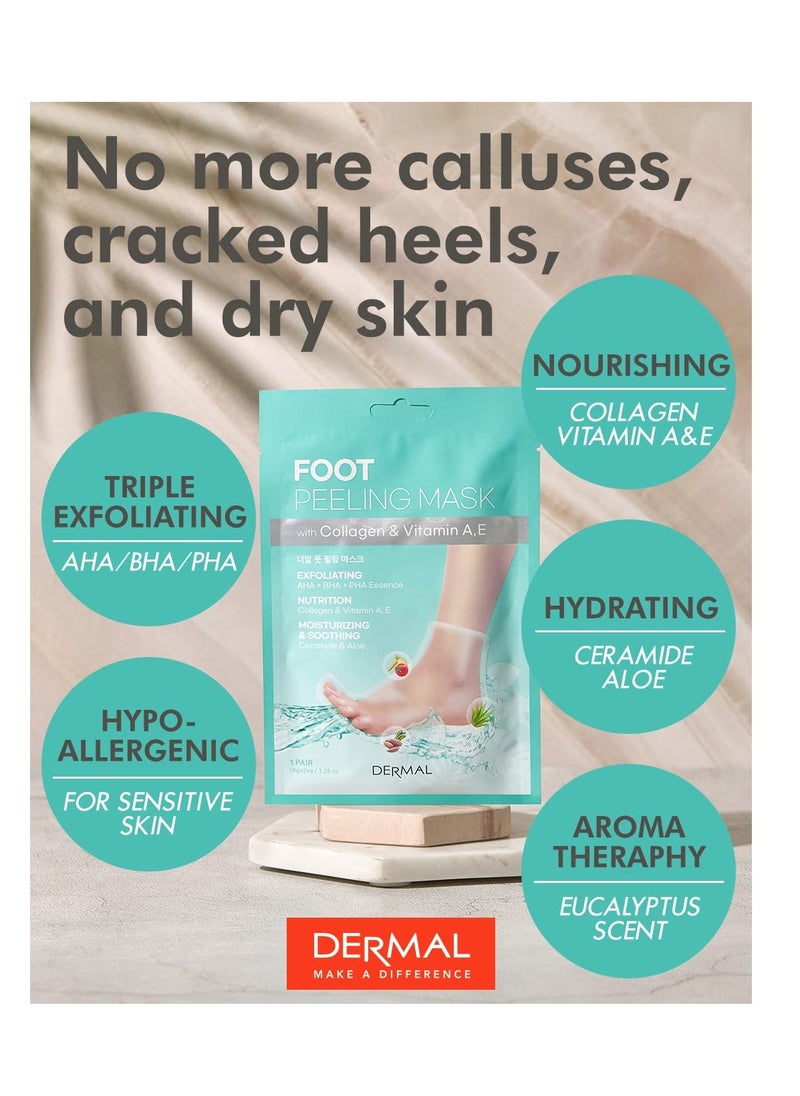 DERMAL KOREA Foot Peeling Mask 3 Pack For Dry Foot And Cracked Heel & Callus With Aloe Vera And Collagen - Exfoliating Peel Mask With Aha, Bha, & Pha And For Moisturizing, Soothing & Refreshing Feet