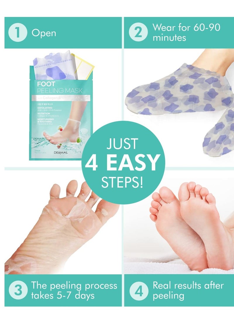 DERMAL KOREA Foot Peeling Mask 3 Pack For Dry Foot And Cracked Heel & Callus With Aloe Vera And Collagen - Exfoliating Peel Mask With Aha, Bha, & Pha And For Moisturizing, Soothing & Refreshing Feet