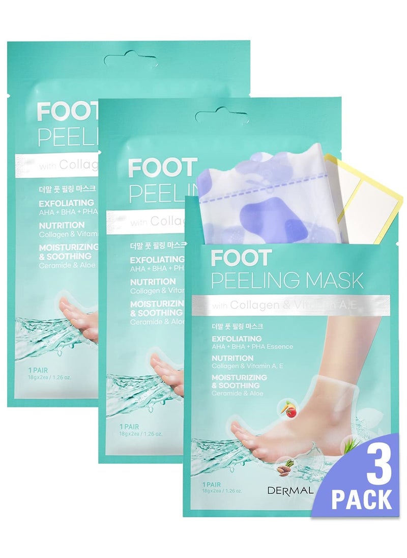 DERMAL KOREA Foot Peeling Mask 3 Pack For Dry Foot And Cracked Heel & Callus With Aloe Vera And Collagen - Exfoliating Peel Mask With Aha, Bha, & Pha And For Moisturizing, Soothing & Refreshing Feet