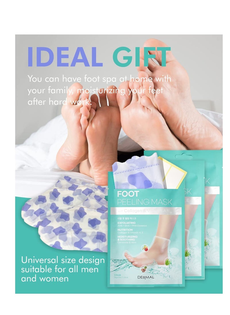 DERMAL KOREA Foot Peeling Mask 3 Pack For Dry Foot And Cracked Heel & Callus With Aloe Vera And Collagen - Exfoliating Peel Mask With Aha, Bha, & Pha And For Moisturizing, Soothing & Refreshing Feet