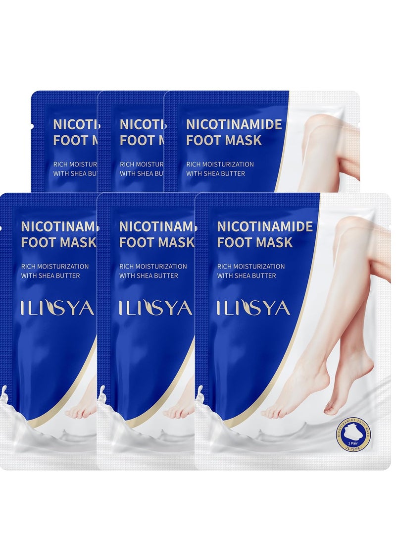 6 Pack Foot Mask Moisturizing Hydrating Foot Spa Socks for Softens Rough Dry Cracked Feet Treatment Care - Nicotinamide + Shea Butter + Goat Milk