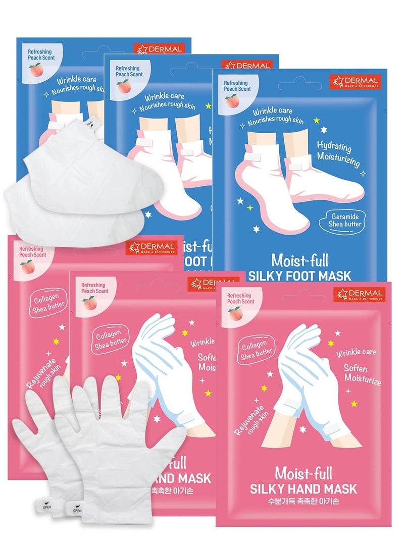DERMAL Moistfull Silky Foot Socks & Hand Gloves Mask Combo 6 Pack - for Dry Feet and Hands - Home Spa Treatment - Dermatologist Tested, Cruelty Free, Korean Beauty