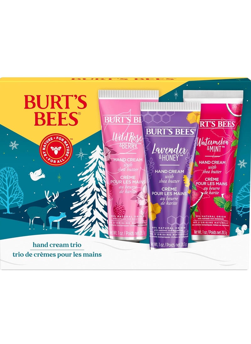 Burt's Bees Christmas Gifts, 3 Body Skincare Stocking Stuffers, Shea Butter Hand Cream Trio Set - Lavender Honey, Watermelon Mint & Wild Rose Berry (3-Pack)