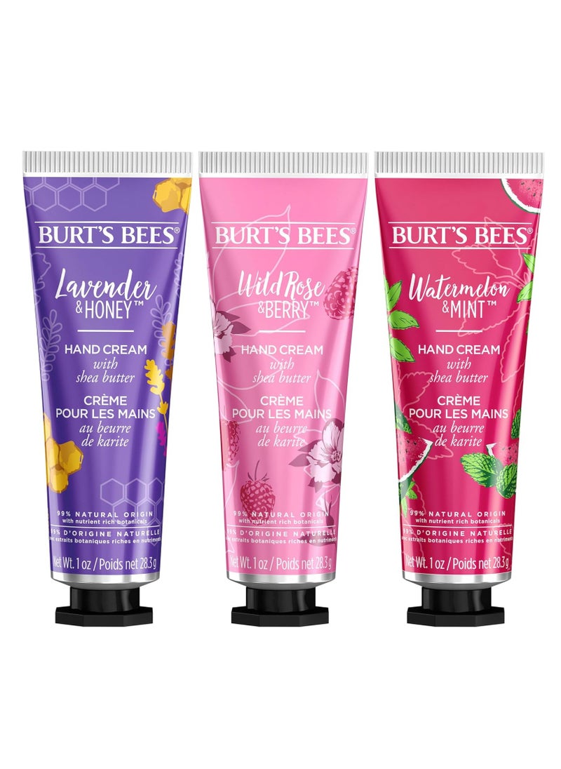 Burt's Bees Christmas Gifts, 3 Body Skincare Stocking Stuffers, Shea Butter Hand Cream Trio Set - Lavender Honey, Watermelon Mint & Wild Rose Berry (3-Pack)