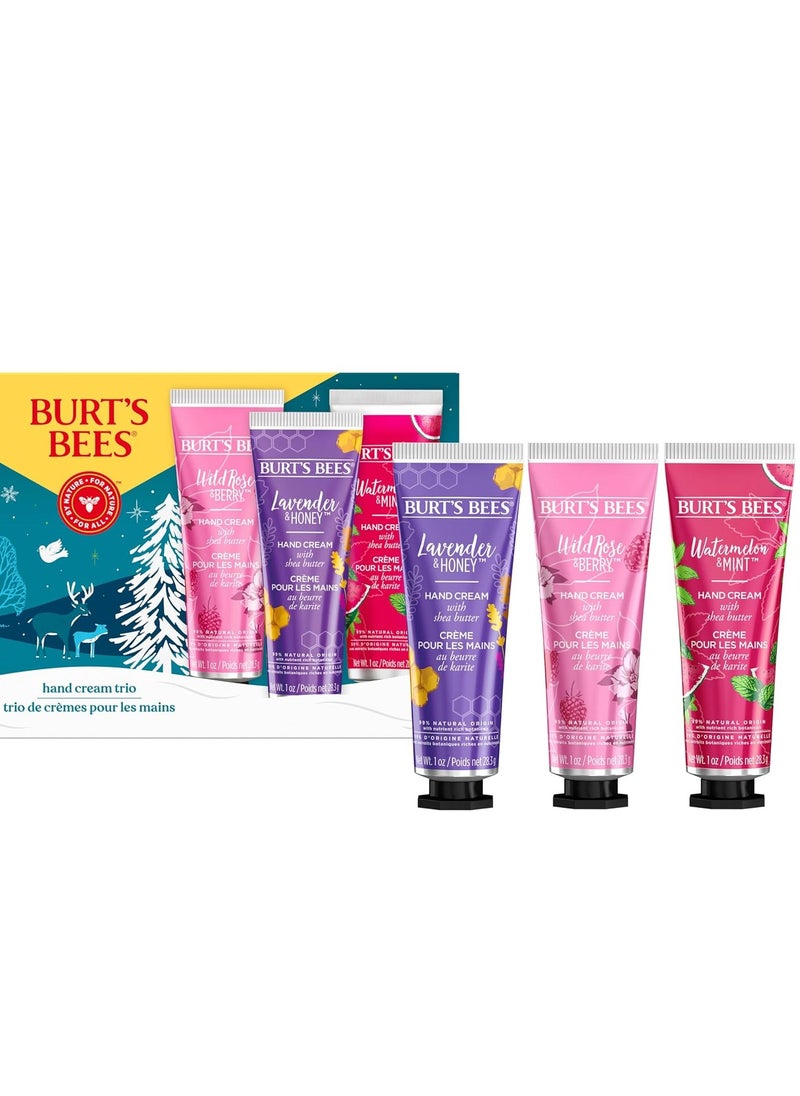 Burt's Bees Christmas Gifts, 3 Body Skincare Stocking Stuffers, Shea Butter Hand Cream Trio Set - Lavender Honey, Watermelon Mint & Wild Rose Berry (3-Pack)