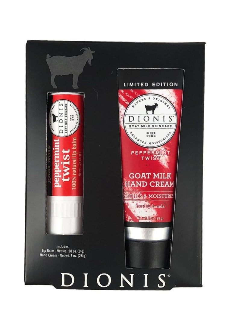 Dionis Goat Milk Skincare Peppermint Twist Scented Hand Cream & Lip Balm Set (1 oz and .28 oz) - Safe For Sensitive Skin, Soothes Chapped Lips and Dry Skin, Cruelty-free and Paraben-free