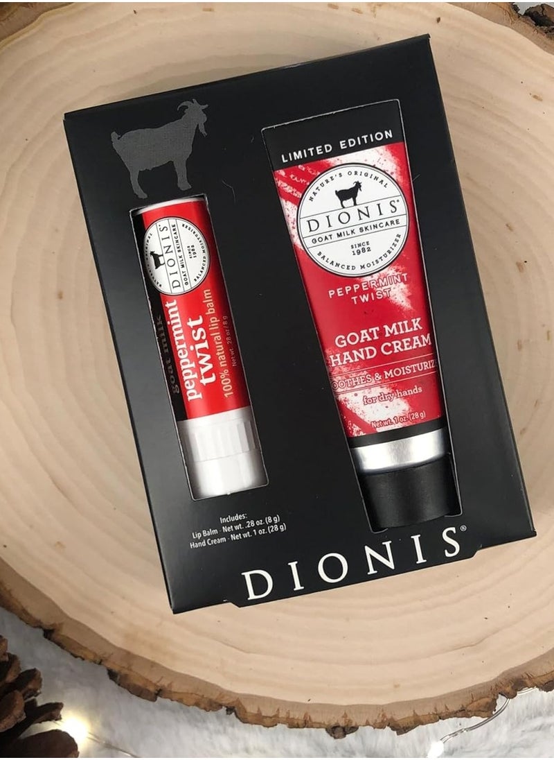 Dionis Goat Milk Skincare Peppermint Twist Scented Hand Cream & Lip Balm Set (1 oz and .28 oz) - Safe For Sensitive Skin, Soothes Chapped Lips and Dry Skin, Cruelty-free and Paraben-free