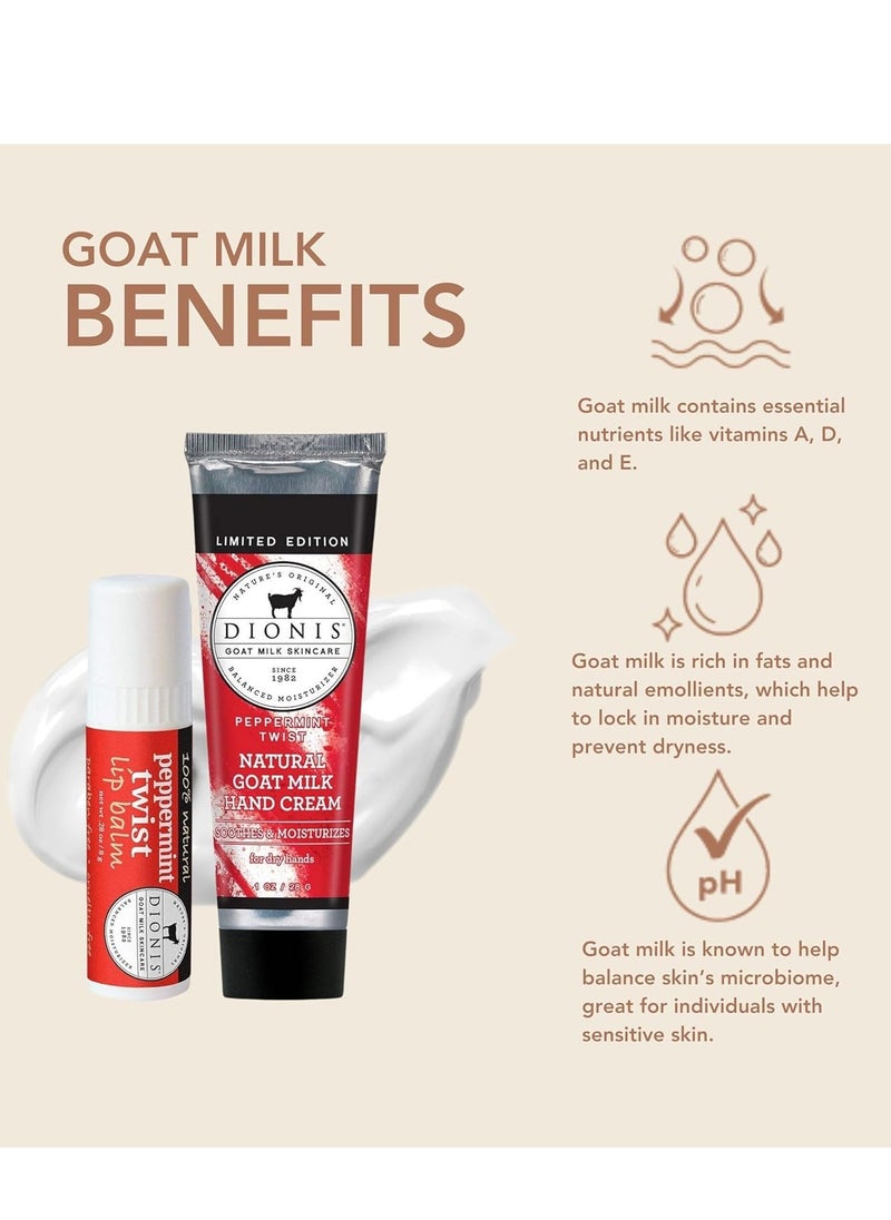 Dionis Goat Milk Skincare Peppermint Twist Scented Hand Cream & Lip Balm Set (1 oz and .28 oz) - Safe For Sensitive Skin, Soothes Chapped Lips and Dry Skin, Cruelty-free and Paraben-free