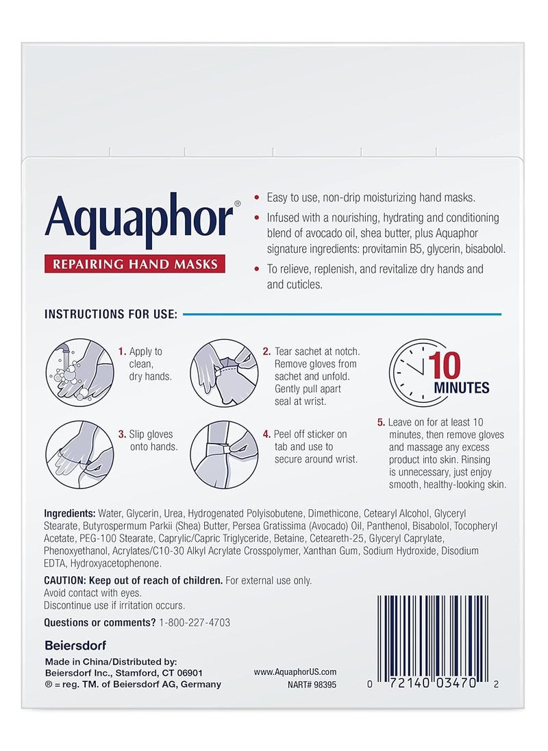 Aquaphor Repairing Hand Masks, Moisturizing Gloves for Dry Hands, Hand Moisturizer for Dry Skin with Avocado Oil and Shea Butter, Pack of 6